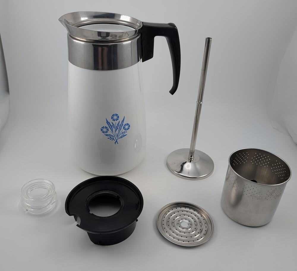 VTG CorningWare Blue Cornflower 9-Cup Coffee Percolator Complete - EUC -